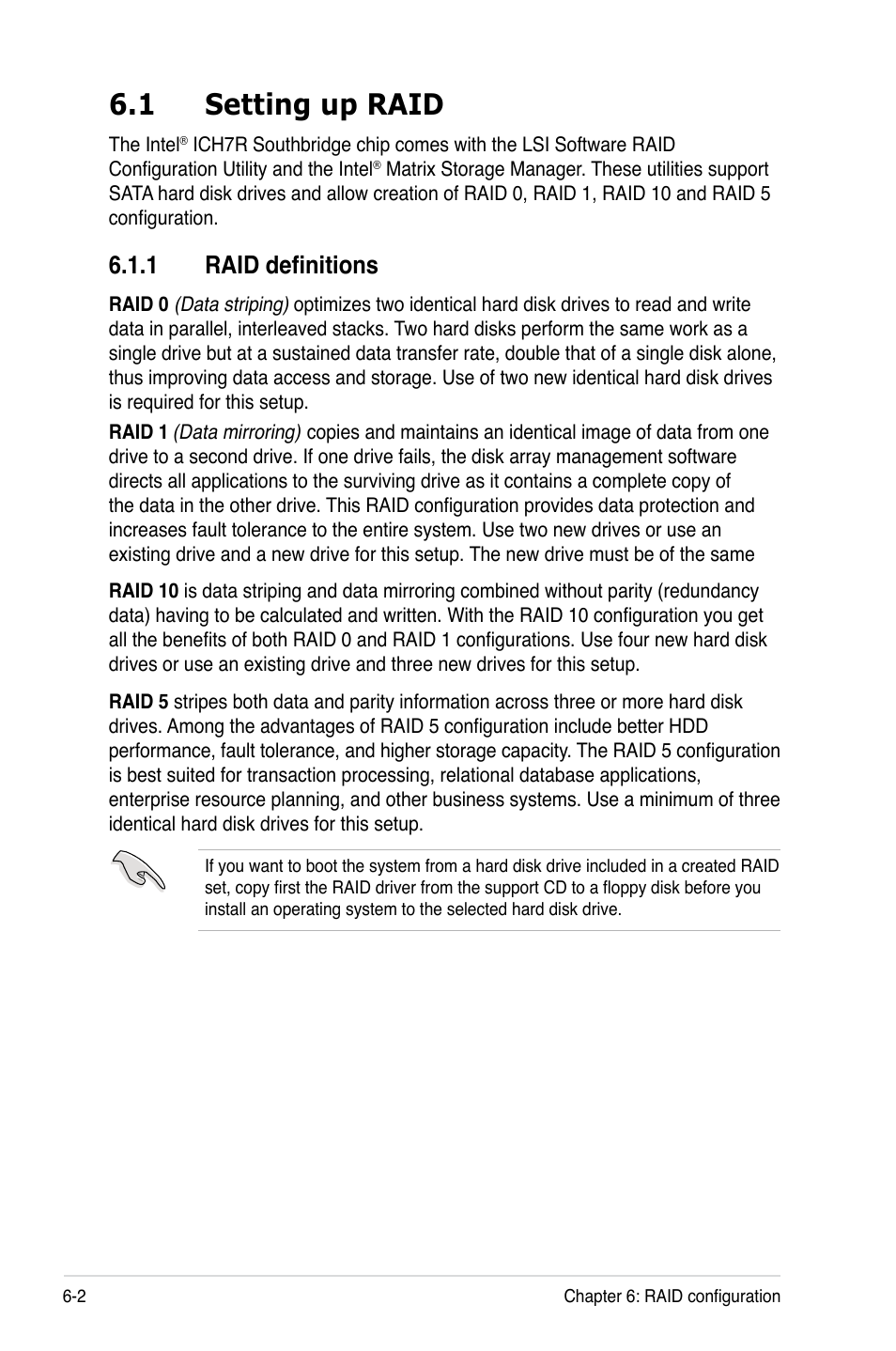 1 setting up raid, 1 raid definitions, Setting up raid -2 6.1.1 | Raid definitions -2 | Asus RS120-E5/S User Manual | Page 102 / 164