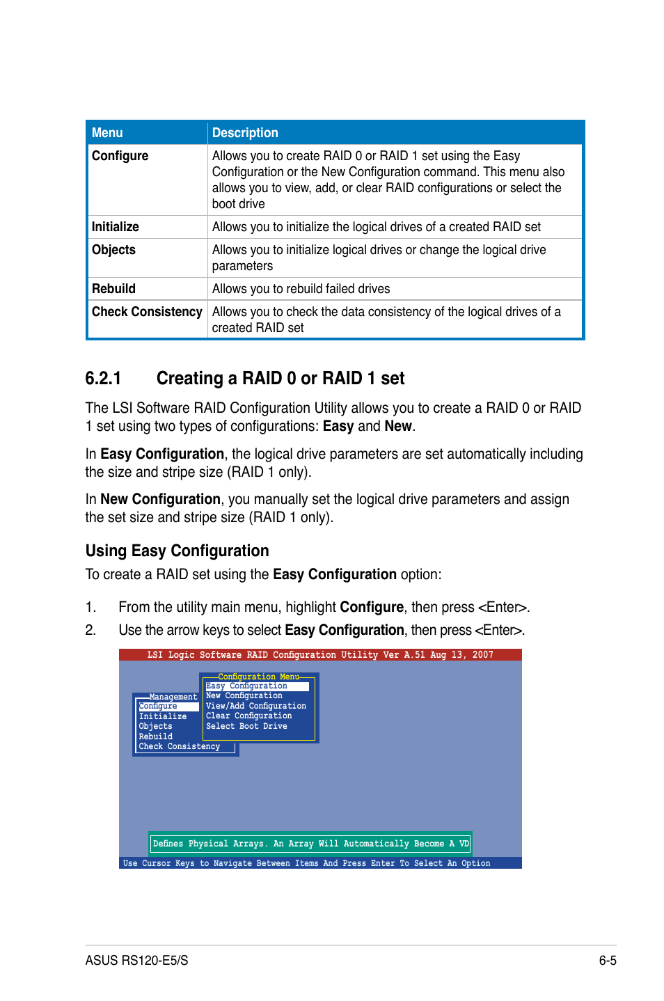 1 creating a raid 0 or raid 1 set, Creating a raid 0 or raid 1 set -5, Using easy configuration | Asus RS120-E5/S User Manual | Page 105 / 164