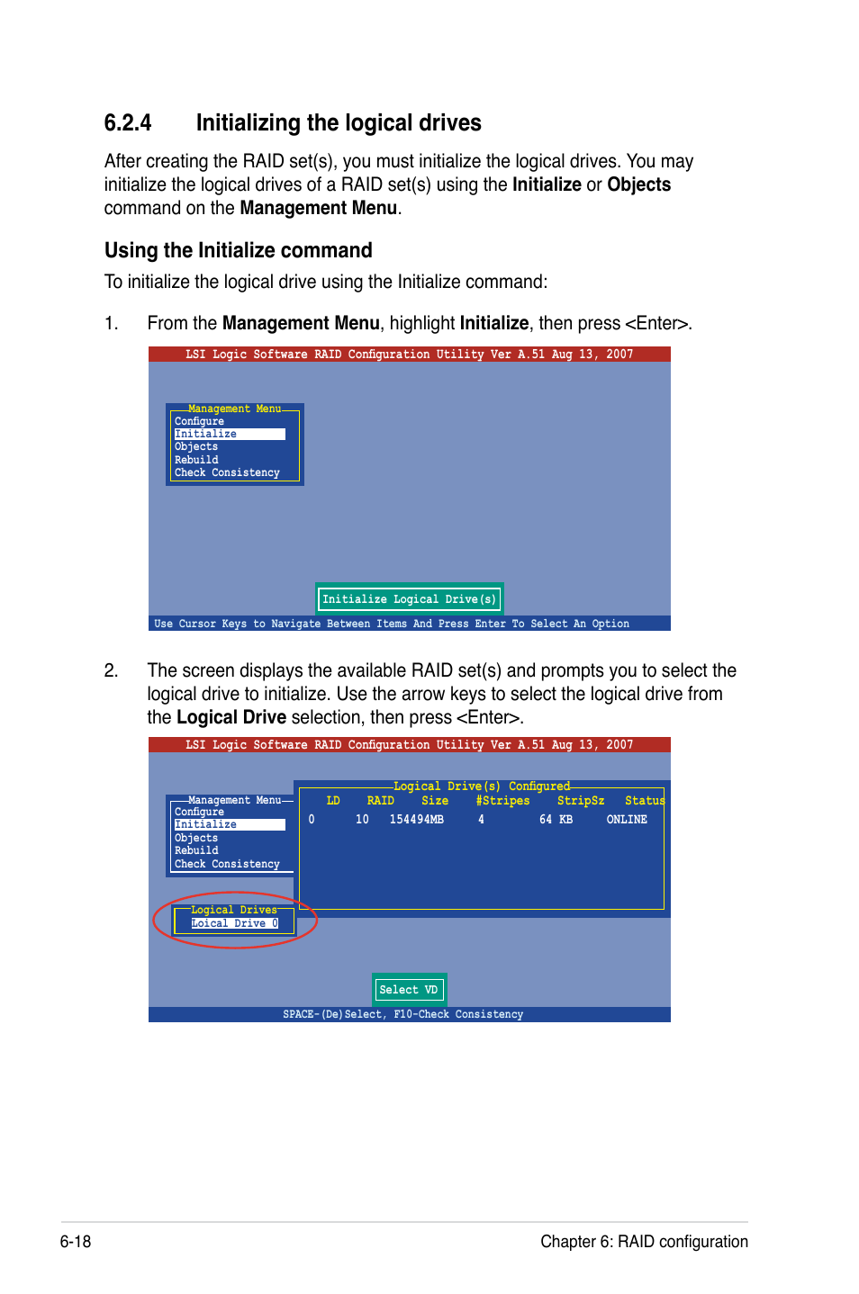 4 initializing the logical drives, Initializing the logical drives -18, Using the initialize command | Asus RS120-E5/S User Manual | Page 118 / 164