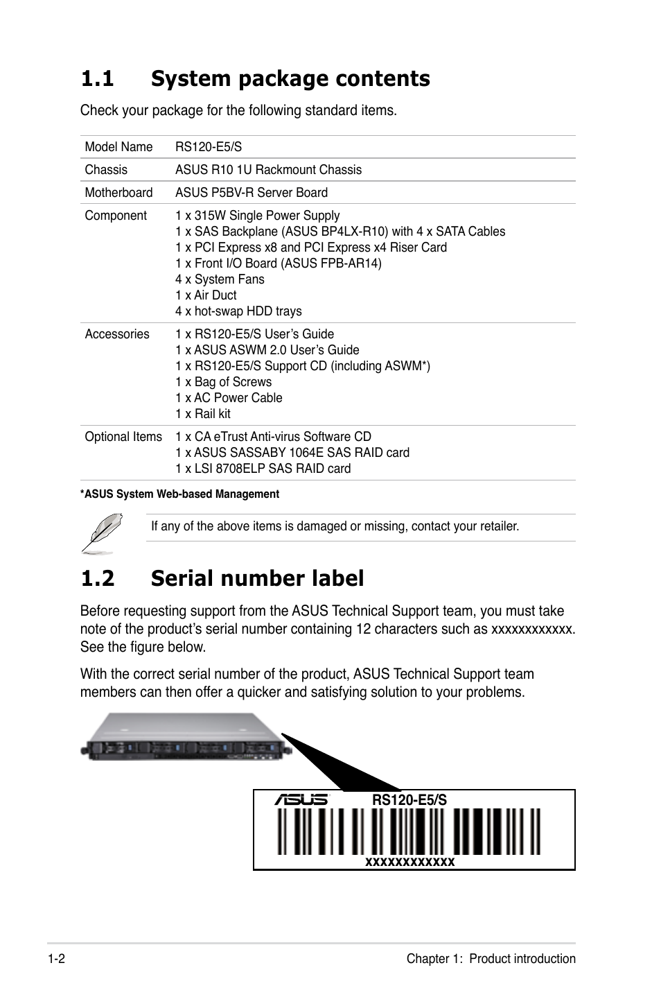 1 system package contents, 2 serial number label, System package contents -2 | Serial number label -2 | Asus RS120-E5/S User Manual | Page 12 / 164