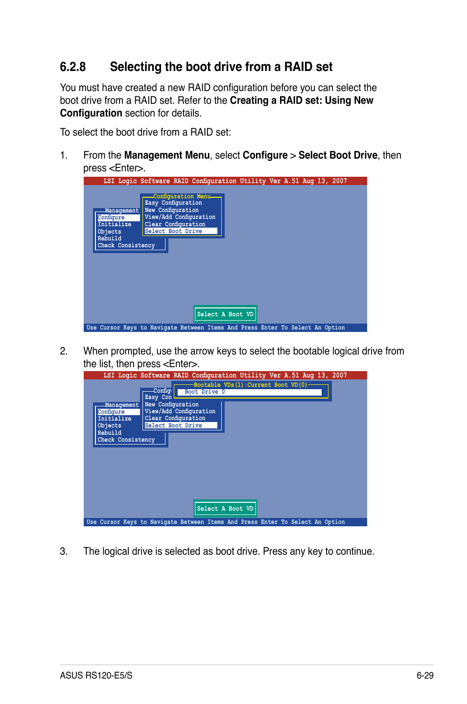 8 selecting the boot drive from a raid set, Selecting the boot drive from a raid set -29 | Asus RS120-E5/S User Manual | Page 129 / 164