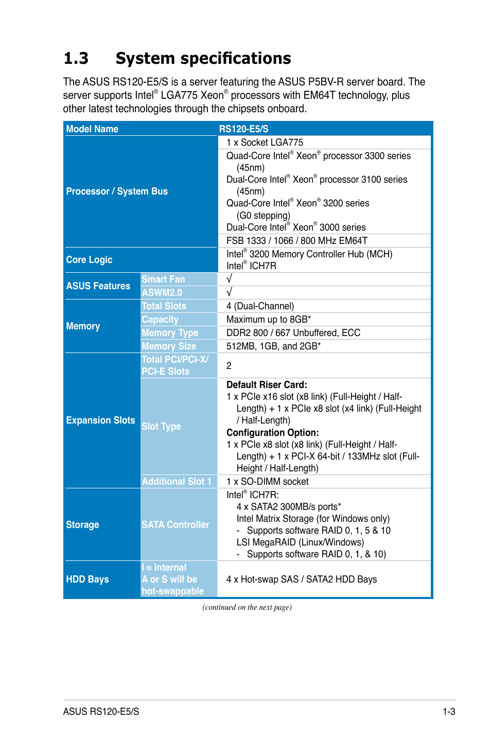 3 system specifications, System specifications -3 | Asus RS120-E5/S User Manual | Page 13 / 164