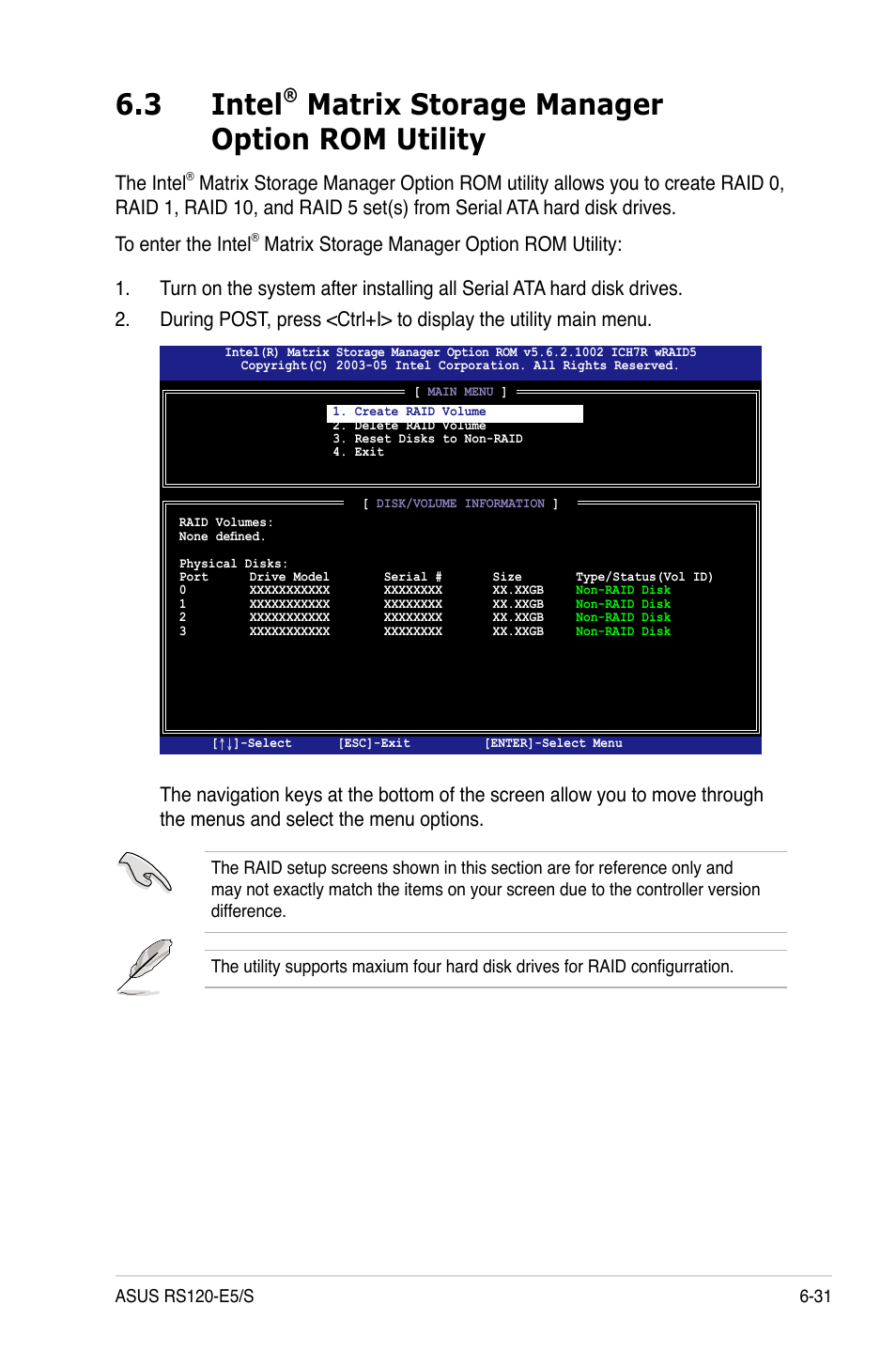 3 intel® matrix storage manager option rom utility, Intel, Matrix storage manager option rom utility -31 | 3 intel, Matrix storage manager option rom utility, The intel | Asus RS120-E5/S User Manual | Page 131 / 164