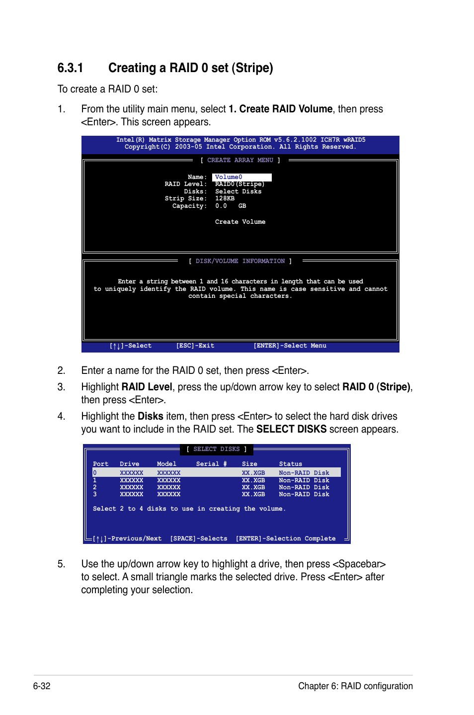 1 creating a raid 0 set (stripe), Creating a raid 0 set (stripe) -32 | Asus RS120-E5/S User Manual | Page 132 / 164