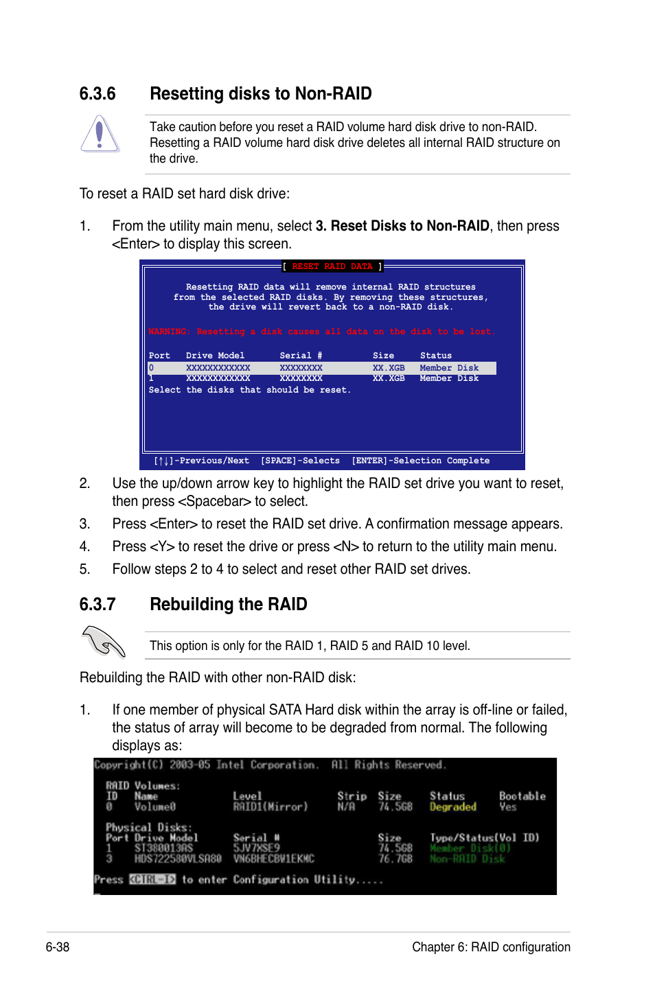 6 resetting disks to non-raid, 7 rebuilding the raid, Resetting disks to non-raid -38 | Rebuilding the raid -38 | Asus RS120-E5/S User Manual | Page 138 / 164