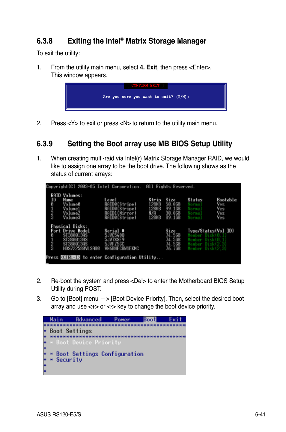 8 exiting the intel® matrix storage manager, 9 setting the boot array use mb bios setup utility, Exiting the intel | Matrix storage manager -41, 8 exiting the intel, Matrix storage manager | Asus RS120-E5/S User Manual | Page 141 / 164