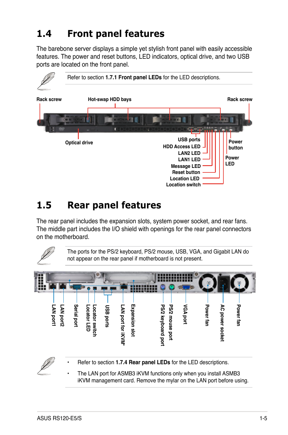 4 front panel features, 5 rear panel features, Front panel features -5 | Rear panel features -5 | Asus RS120-E5/S User Manual | Page 15 / 164