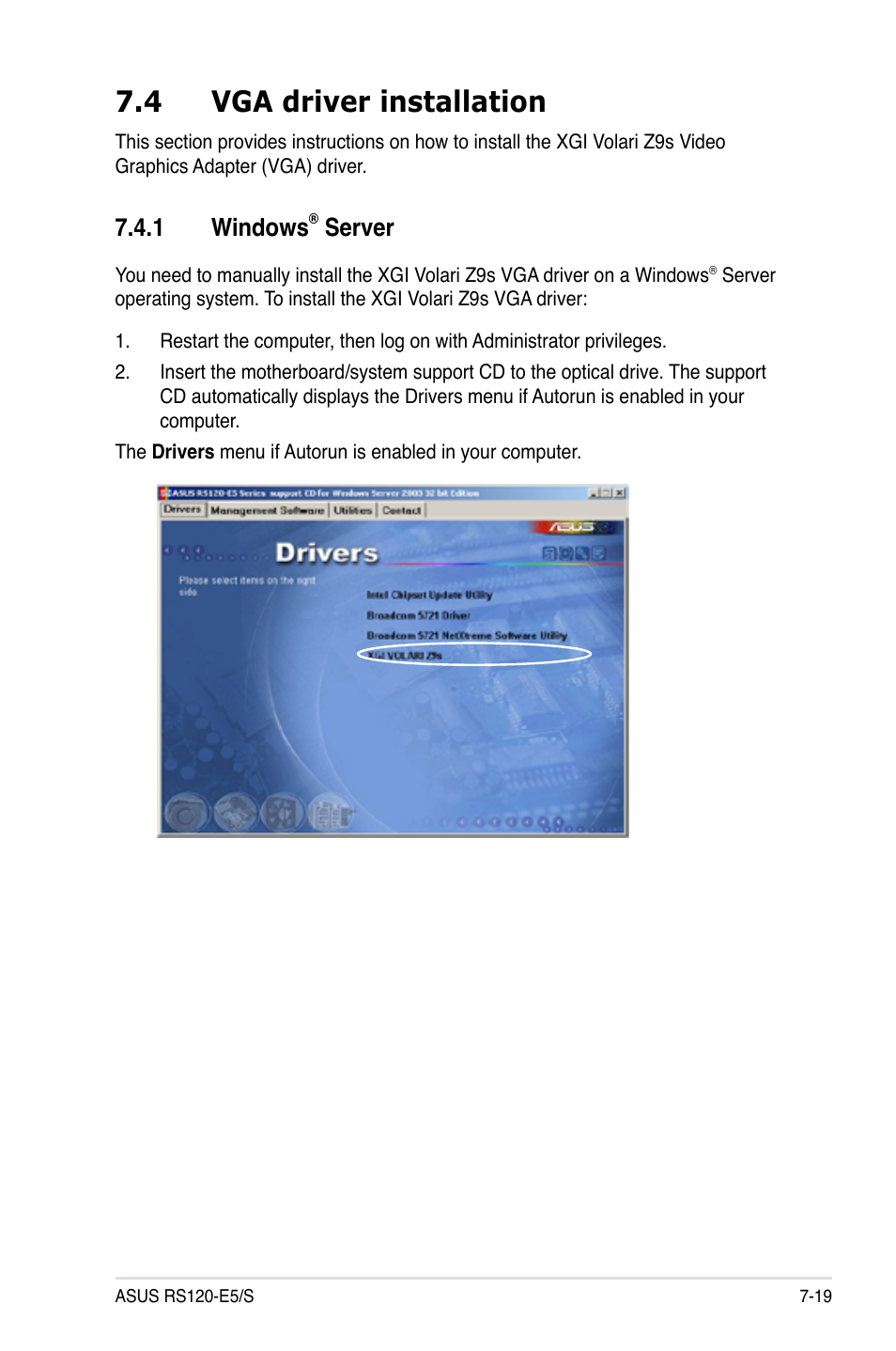4 vga driver installation, 1 windows® server, Vga driver installation -19 7.4.1 | Windows, Server -19, 1 windows, Server | Asus RS120-E5/S User Manual | Page 161 / 164