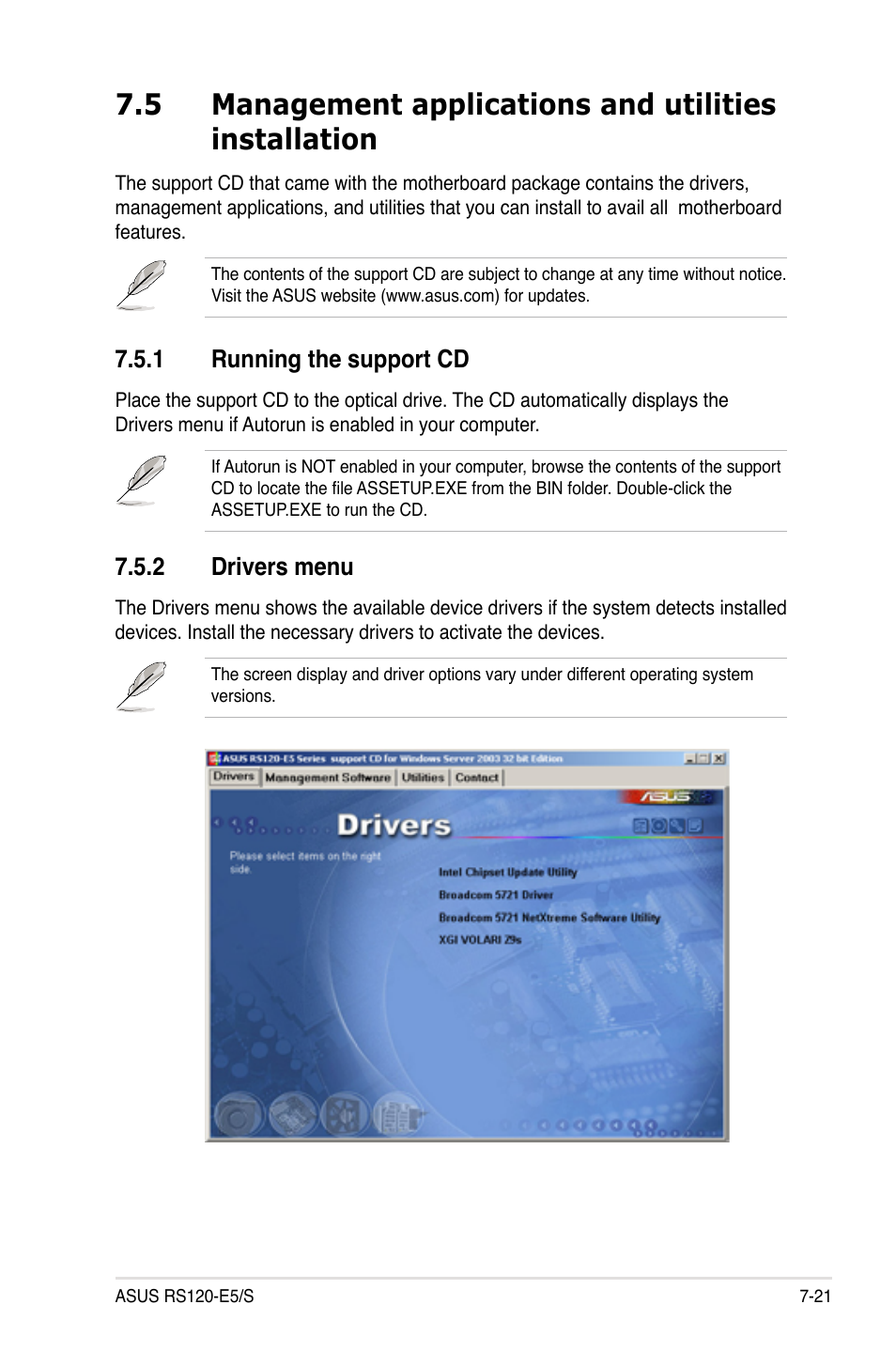 1 running the support cd, 2 drivers menu, Running the support cd -21 | Drivers menu -21 | Asus RS120-E5/S User Manual | Page 163 / 164