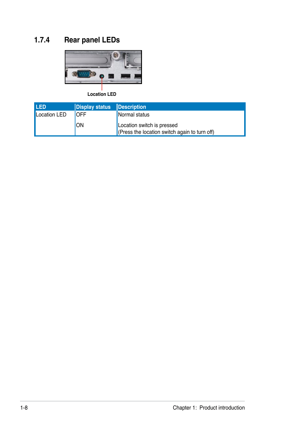 4 rear panel leds, Rear panel leds -8 | Asus RS120-E5/S User Manual | Page 18 / 164