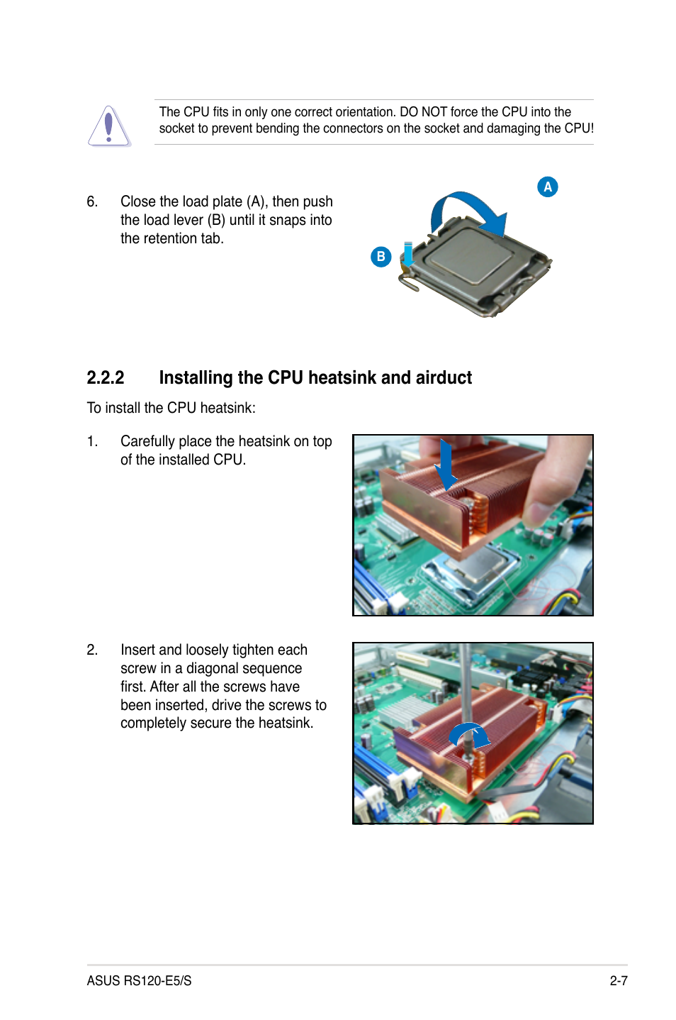 2 installing the cpu heatsink and airduct, Installing the cpu heatsink and airduct -7 | Asus RS120-E5/S User Manual | Page 25 / 164