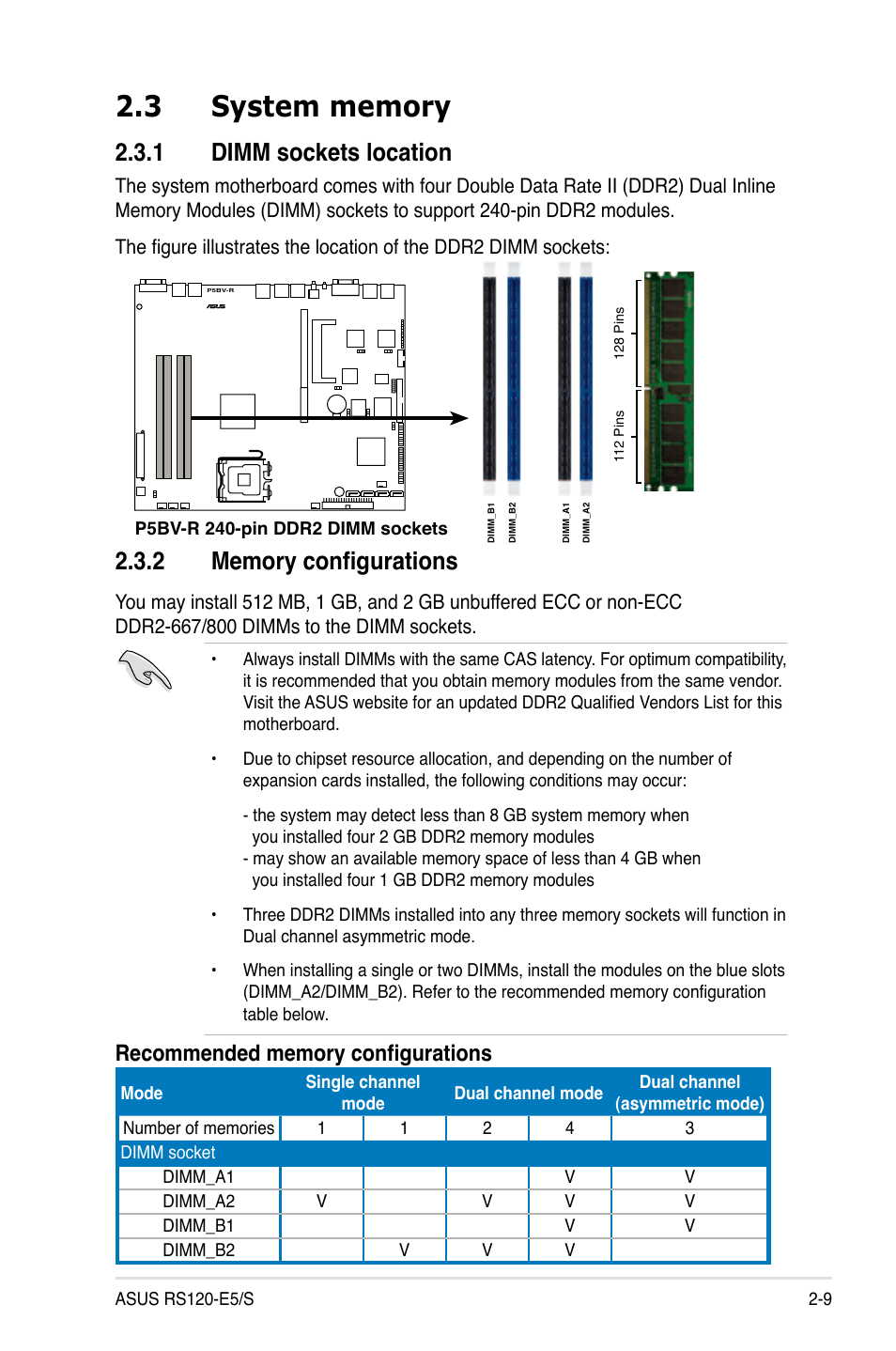 3 system memory, 1 dimm sockets location, 2 memory configurations | System memory -9 2.3.1, Dimm sockets location -9, Memory configurations -9 | Asus RS120-E5/S User Manual | Page 27 / 164