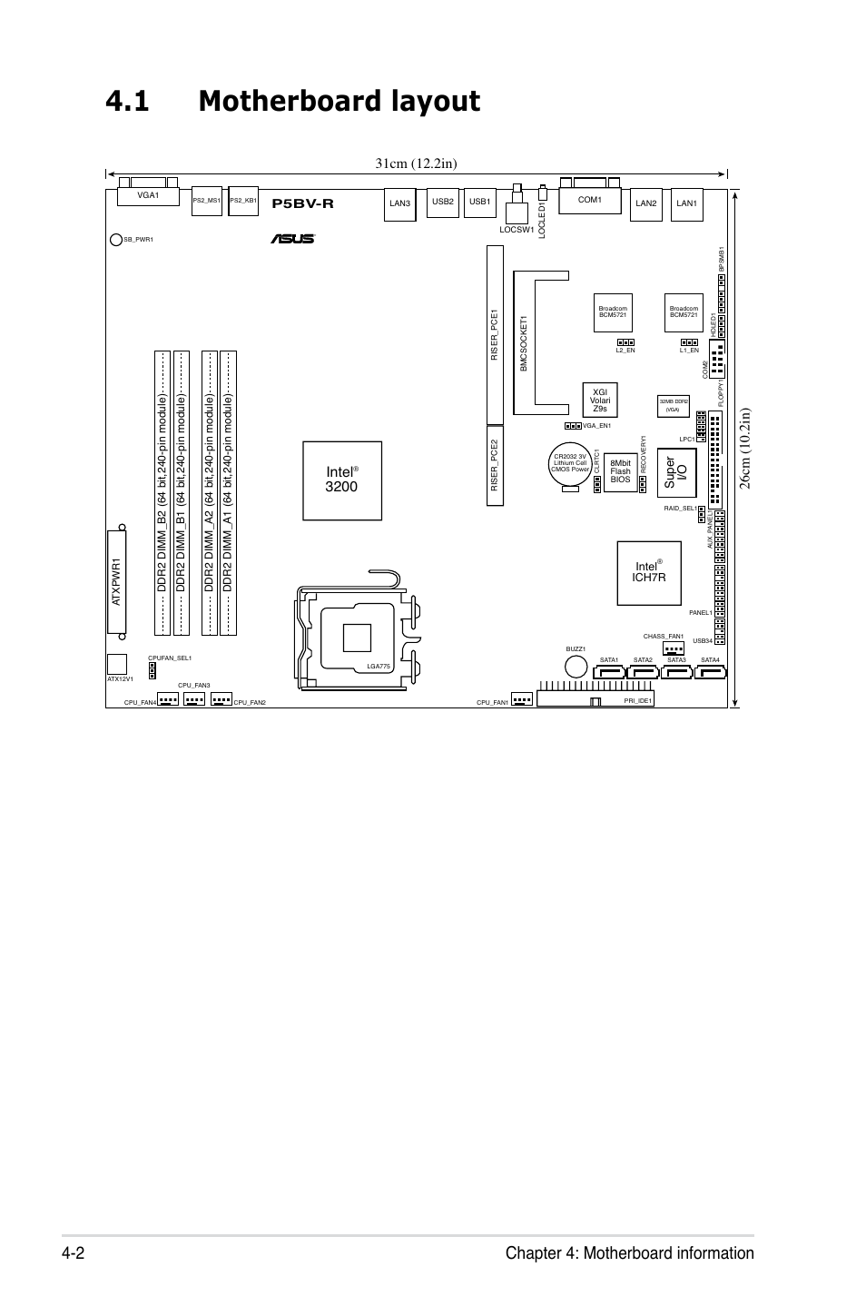 1 motherboard layout, Motherboard layout -2, Chapter 4: motherboard information 4-2 | Intel, P5bv-r, Super i/o | Asus RS120-E5/S User Manual | Page 52 / 164