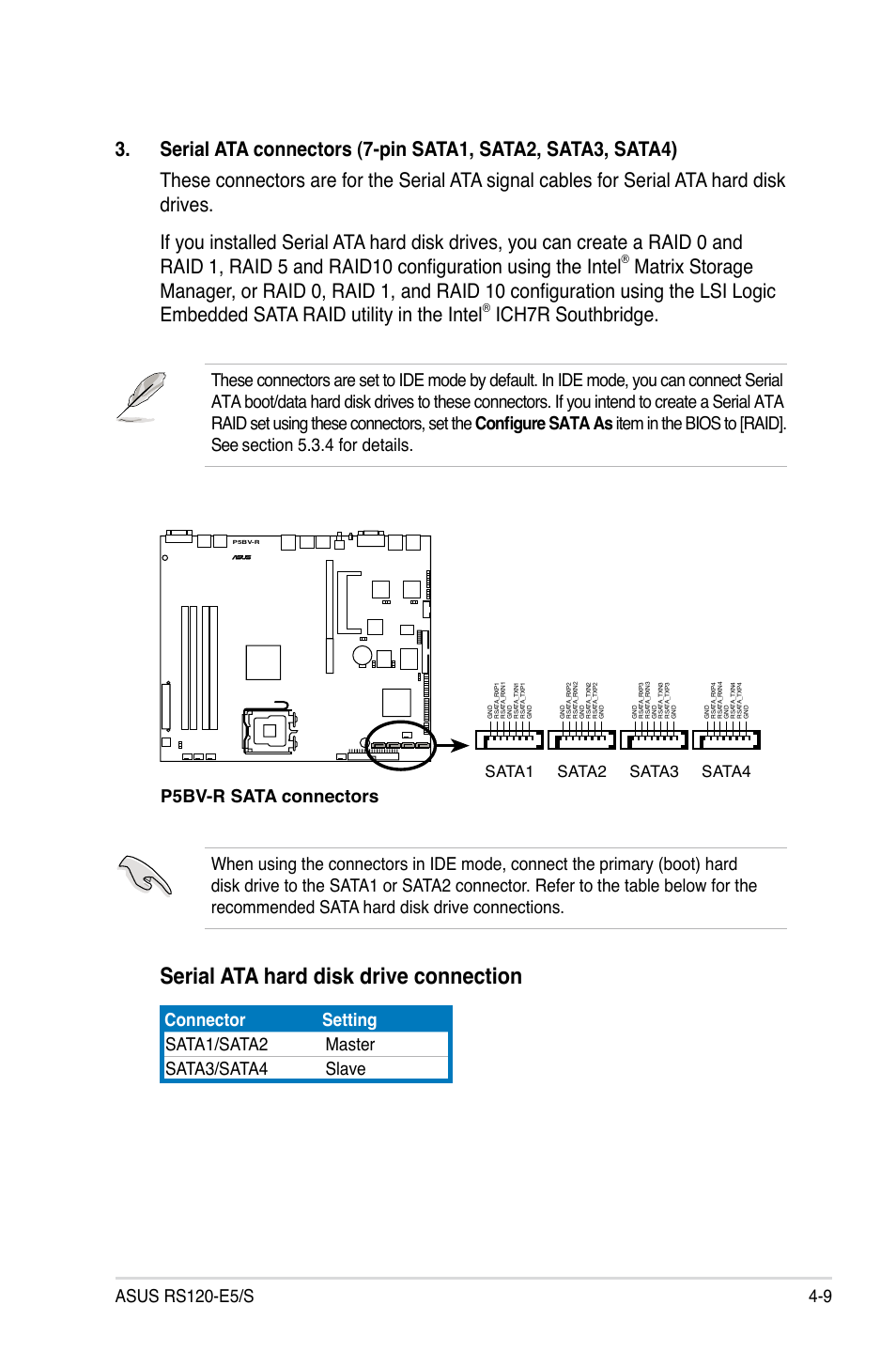 Serial ata hard disk drive connection, Ich7r southbridge, P5bv-r sata connectors | Sata1, Sata2, Sata3, Sata4 | Asus RS120-E5/S User Manual | Page 59 / 164