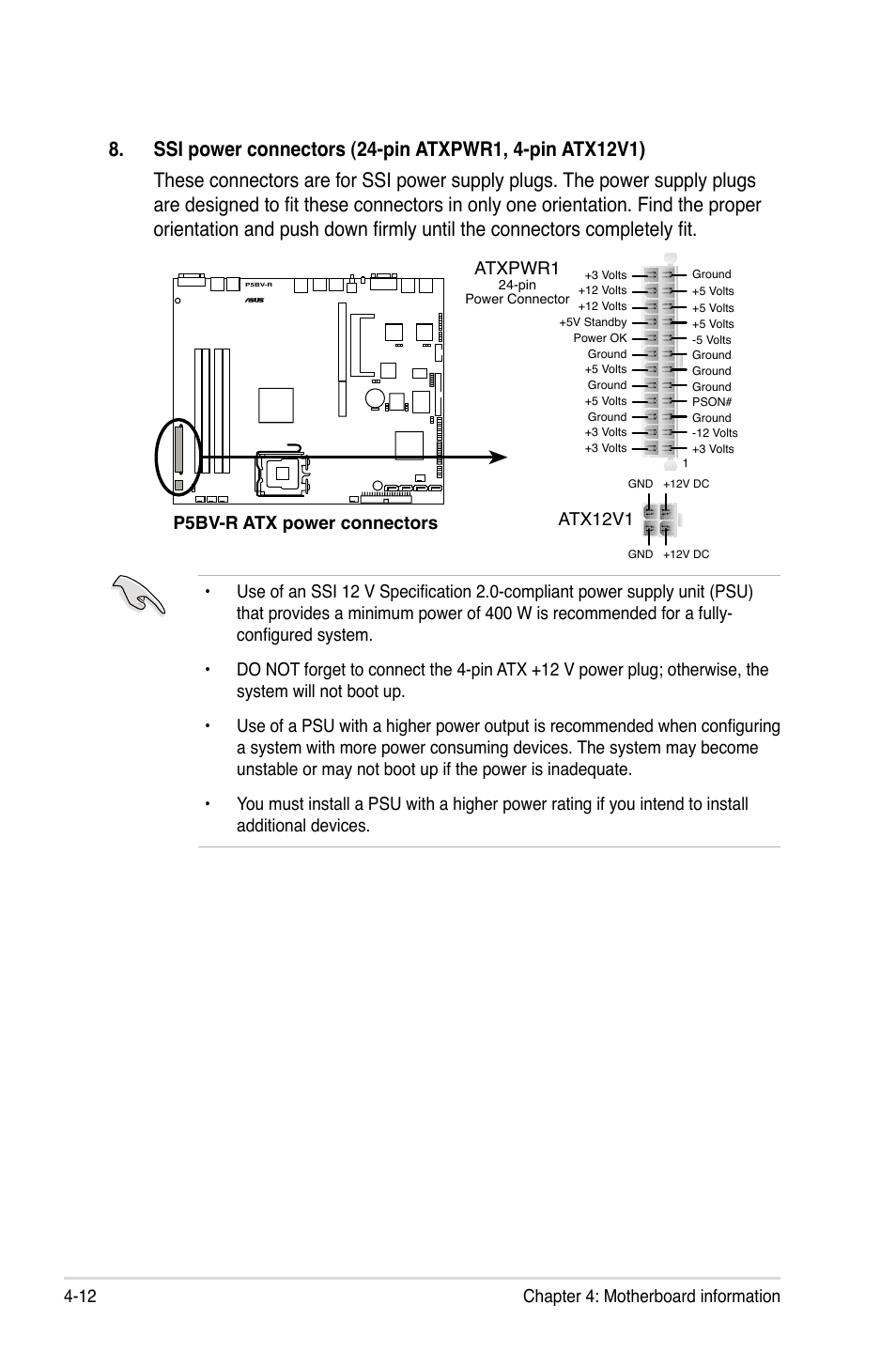 Chapter 4: motherboard information 4-12, P5bv-r atx power connectors, Atx12v1 atxpwr1 | Asus RS120-E5/S User Manual | Page 62 / 164