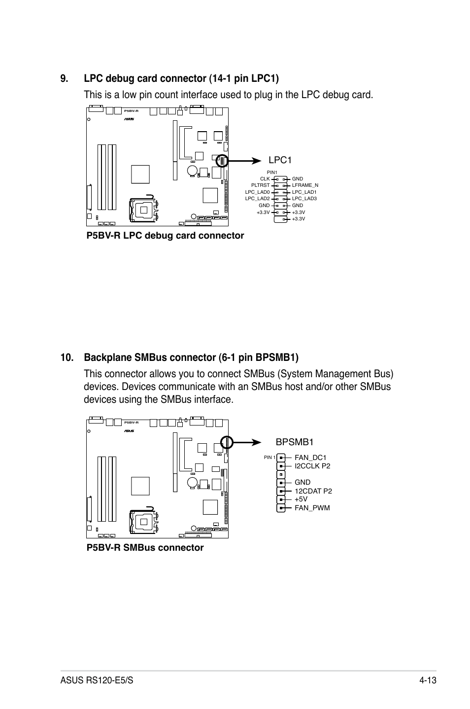 P5bv-r lpc debug card connector lpc1, P5bv-r smbus connector bpsmb1 | Asus RS120-E5/S User Manual | Page 63 / 164