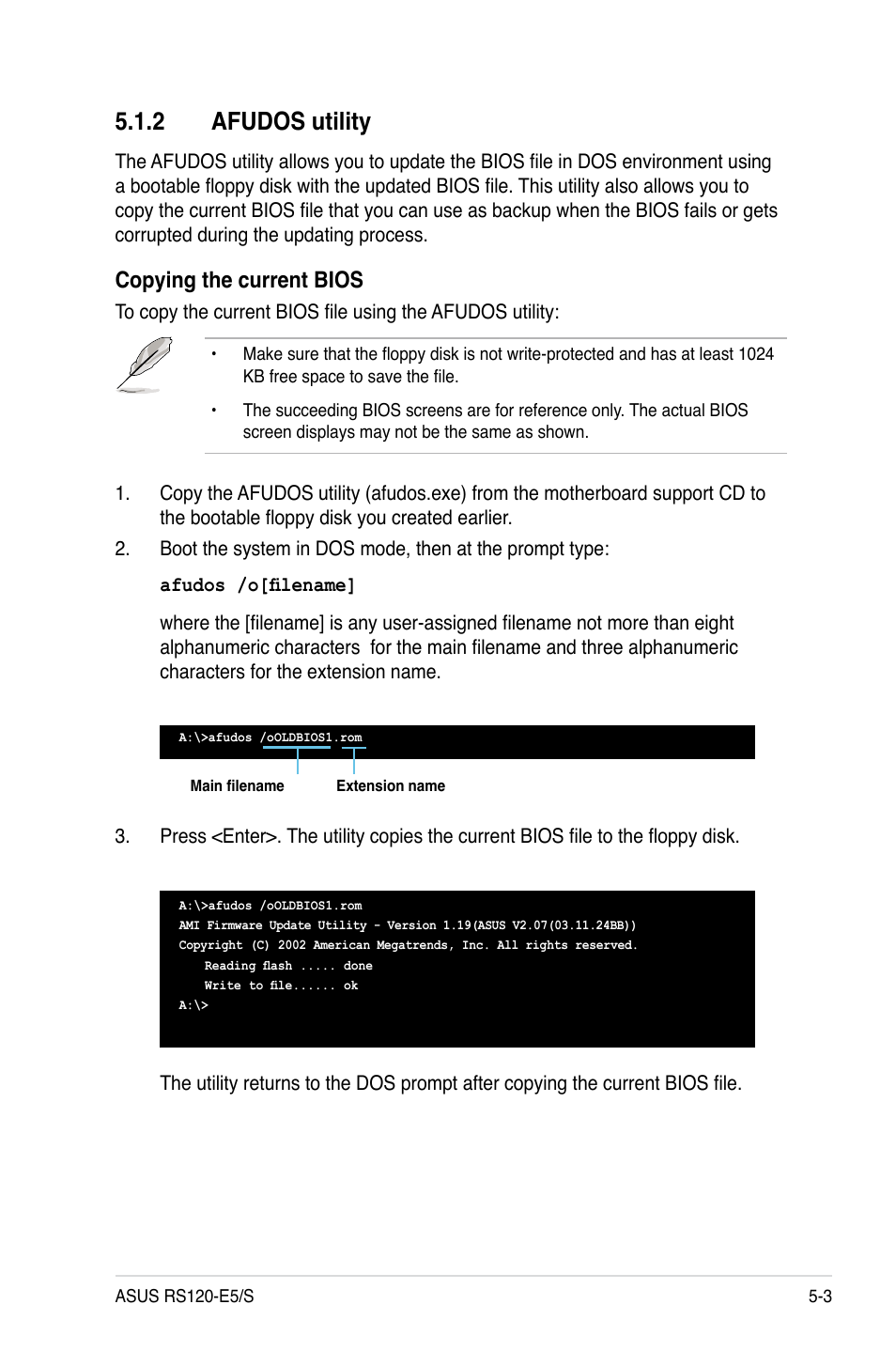 2 afudos utility, Afudos utility -3, Copying the current bios | Asus RS120-E5/S User Manual | Page 69 / 164