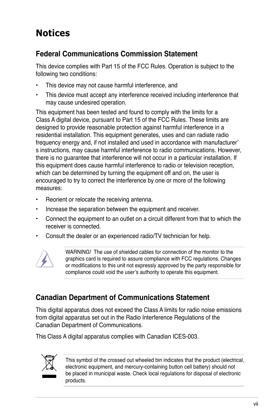 Notices, Federal communications commission statement, Canadian department of communications statement | Asus RS120-E5/S User Manual | Page 7 / 164
