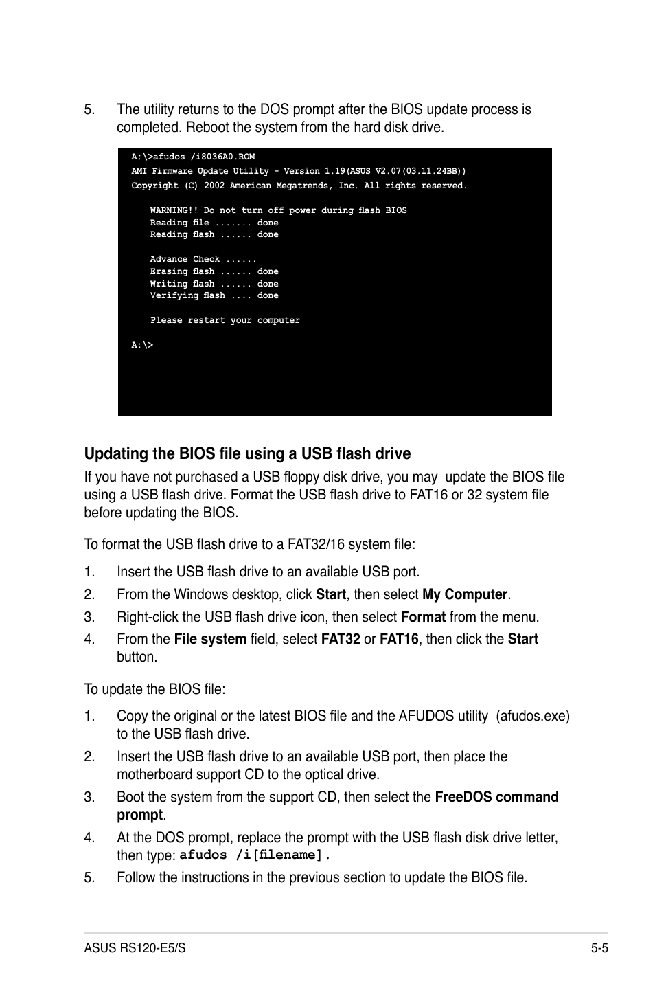 Updating the bios file using a usb flash drive | Asus RS120-E5/S User Manual | Page 71 / 164