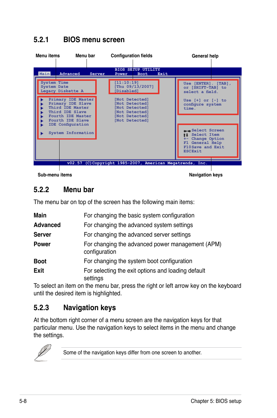 1 bios menu screen, 2 menu bar, 3 navigation keys | Bios menu screen -8, Menu bar -8, Navigation keys -8 | Asus RS120-E5/S User Manual | Page 74 / 164