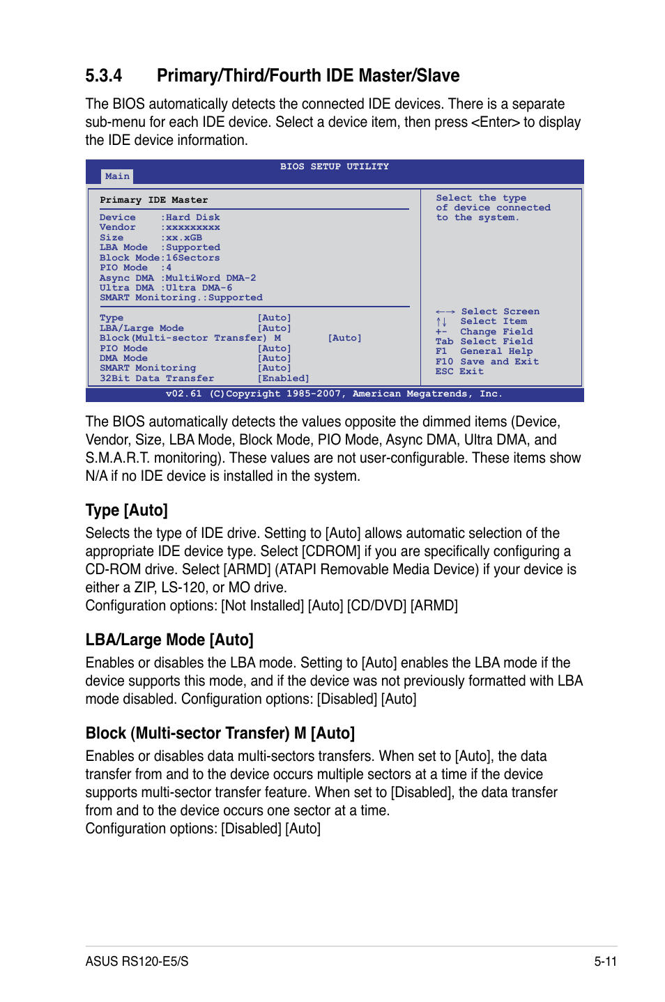 4 primary/third/fourth ide master/slave, Primary/third/fourth ide master/slave -11, Type [auto | Lba/large mode [auto, Block (multi-sector transfer) m [auto | Asus RS120-E5/S User Manual | Page 77 / 164