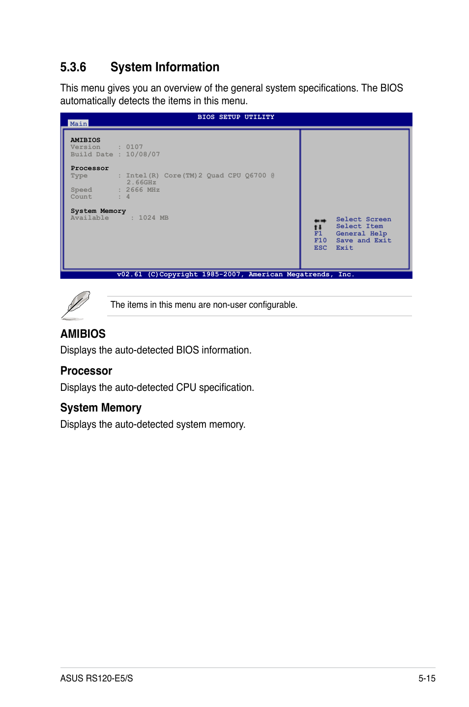 6 system information, System information -15, Amibios | Processor, Displays the auto-detected bios information, Displays the auto-detected cpu specification | Asus RS120-E5/S User Manual | Page 81 / 164