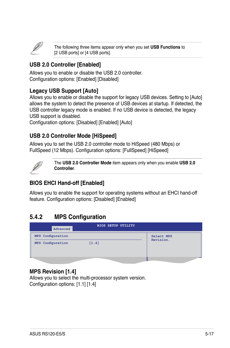 2 mps configuration, Mps configuration -17, Usb 2.0 controller [enabled | Legacy usb support [auto, Usb 2.0 controller mode [hispeed, Bios ehci hand-off [enabled, Mps revision [1.4 | Asus RS120-E5/S User Manual | Page 83 / 164