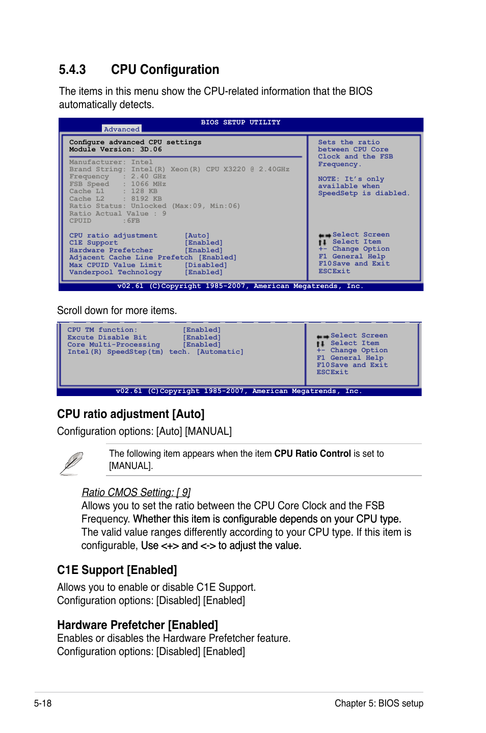 3 cpu configuration, Cpu configuration -18, Cpu ratio adjustment [auto | C1e support [enabled, Hardware prefetcher [enabled, Configuration options: [auto] [manual, Scroll down for more items | Asus RS120-E5/S User Manual | Page 84 / 164