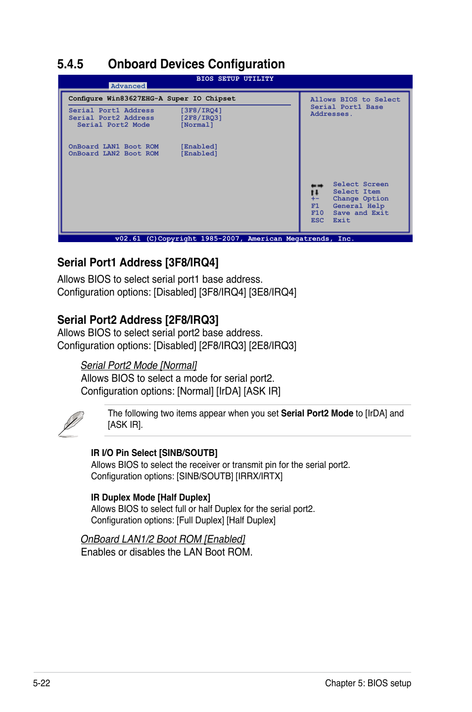 5 onboard devices configuration, Onboard devices configuration -22, Serial port1 address [3f8/irq4 | Serial port2 address [2f8/irq3 | Asus RS120-E5/S User Manual | Page 88 / 164