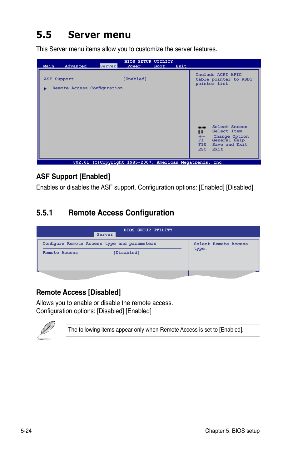 5 server menu, 1 remote access configuration, Server menu -24 5.5.1 | Remote access configuration -24, Remote access [disabled, Asf support [enabled | Asus RS120-E5/S User Manual | Page 90 / 164