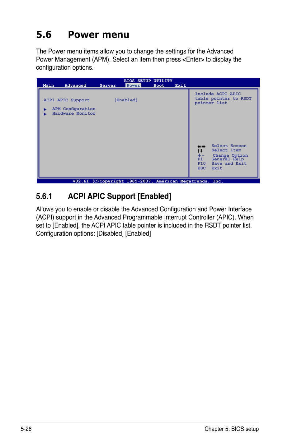 6 power menu, 1 acpi apic support [enabled, Power menu -26 5.6.1 | Acpi apic support [enabled] -26 | Asus RS120-E5/S User Manual | Page 92 / 164