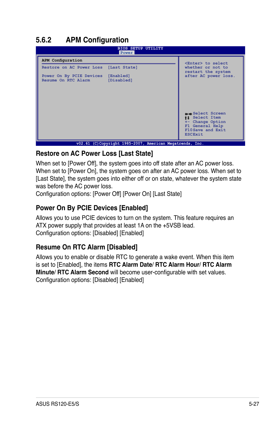 2 apm configuration, Apm configuration -27, Restore on ac power loss [last state | Power on by pcie devices [enabled, Resume on rtc alarm [disabled | Asus RS120-E5/S User Manual | Page 93 / 164