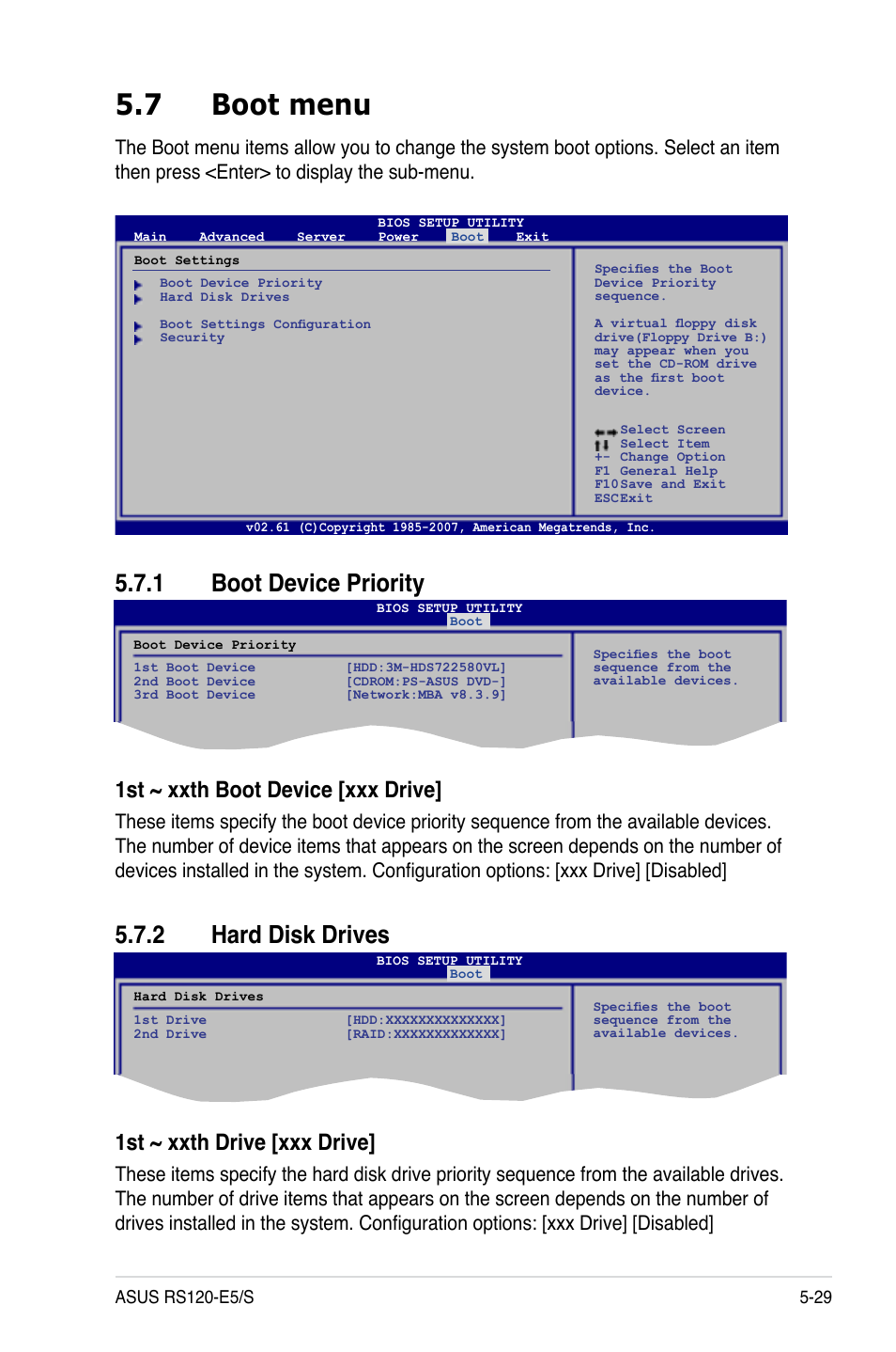 7 boot menu, 1 boot device priority, 2 hard disk drives | Boot menu -29 5.7.1, Boot device priority -29, Hard disk drives -29, 1st ~ xxth boot device [xxx drive, 1st ~ xxth drive [xxx drive | Asus RS120-E5/S User Manual | Page 95 / 164