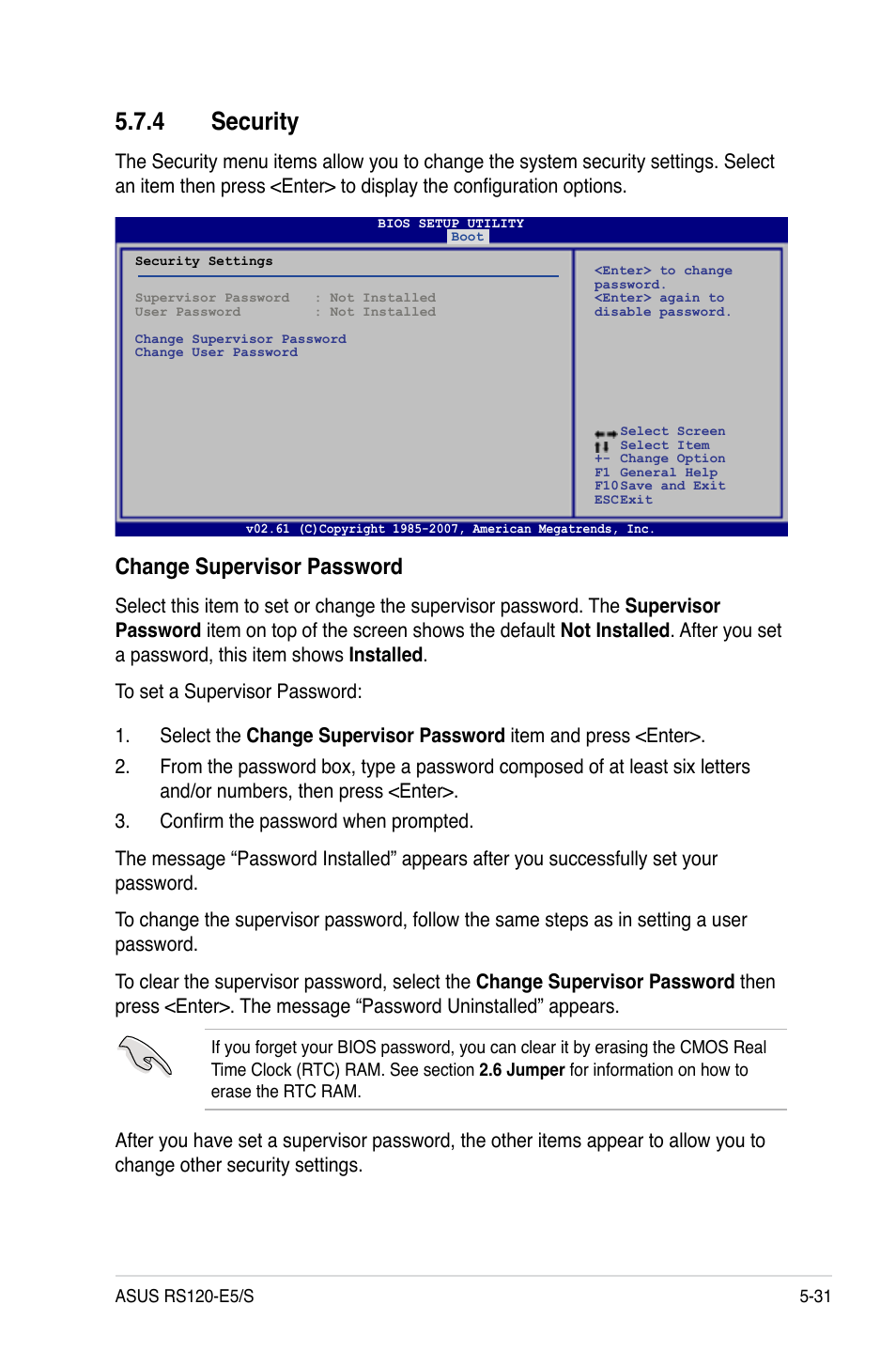 4 security, Security -31, Change supervisor password | Asus RS120-E5/S User Manual | Page 97 / 164