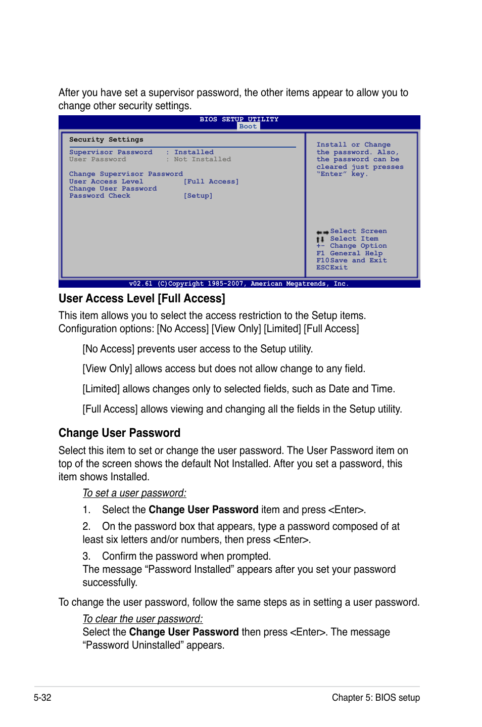 User access level [full access, Change user password | Asus RS120-E5/S User Manual | Page 98 / 164