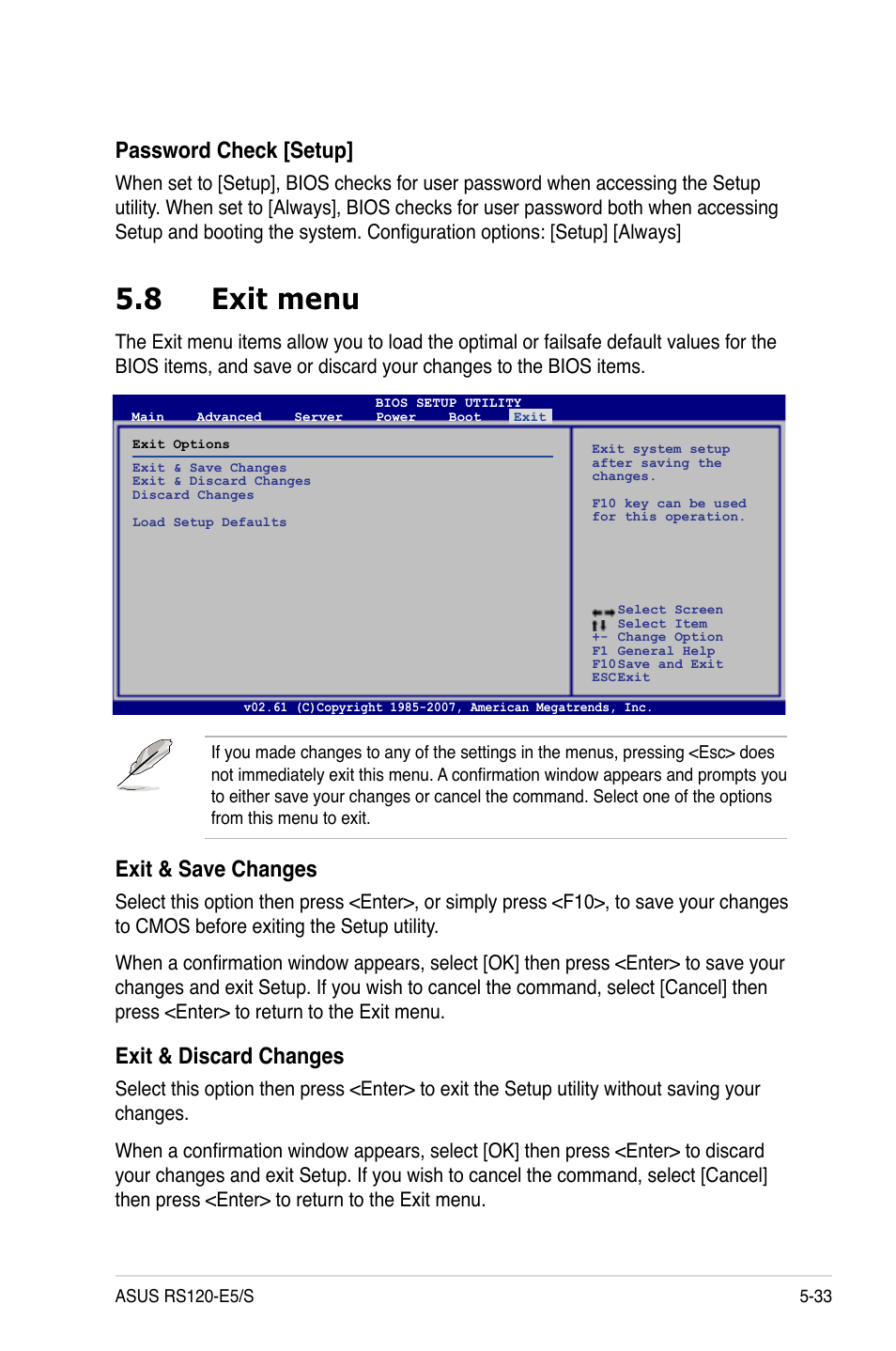8 exit menu, Exit menu -33, Password check [setup | Exit & save changes, Exit & discard changes | Asus RS120-E5/S User Manual | Page 99 / 164