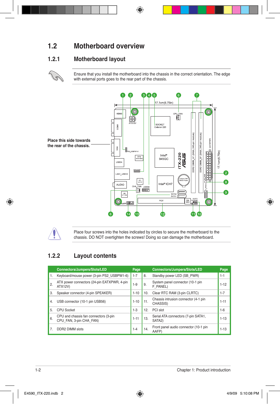 2 motherboard overview, 2 layout contents, 1 motherboard layout | Asus ITX-220 User Manual | Page 11 / 39