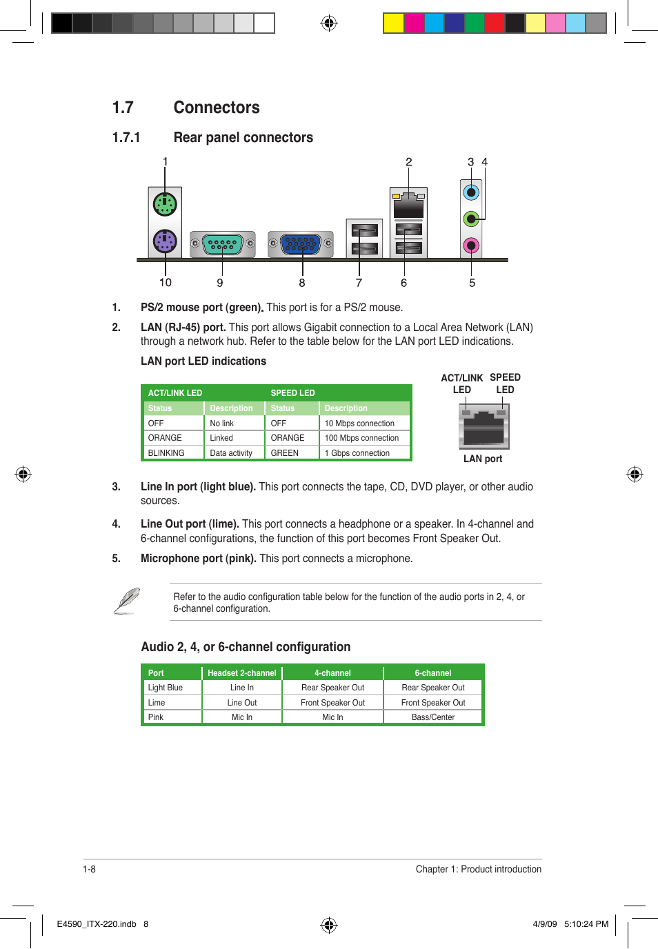 7 connectors, 1 rear panel connectors, Audio 2, 4, or 6-channel configuration | Asus ITX-220 User Manual | Page 17 / 39