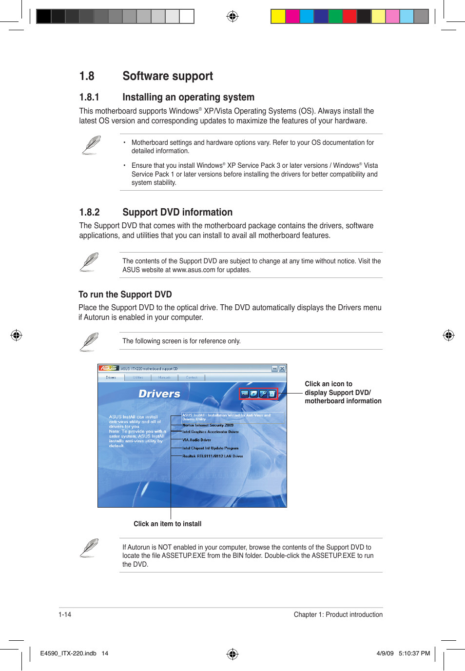 8 software support, 1 installing an operating system, 2 support dvd information | Asus ITX-220 User Manual | Page 23 / 39