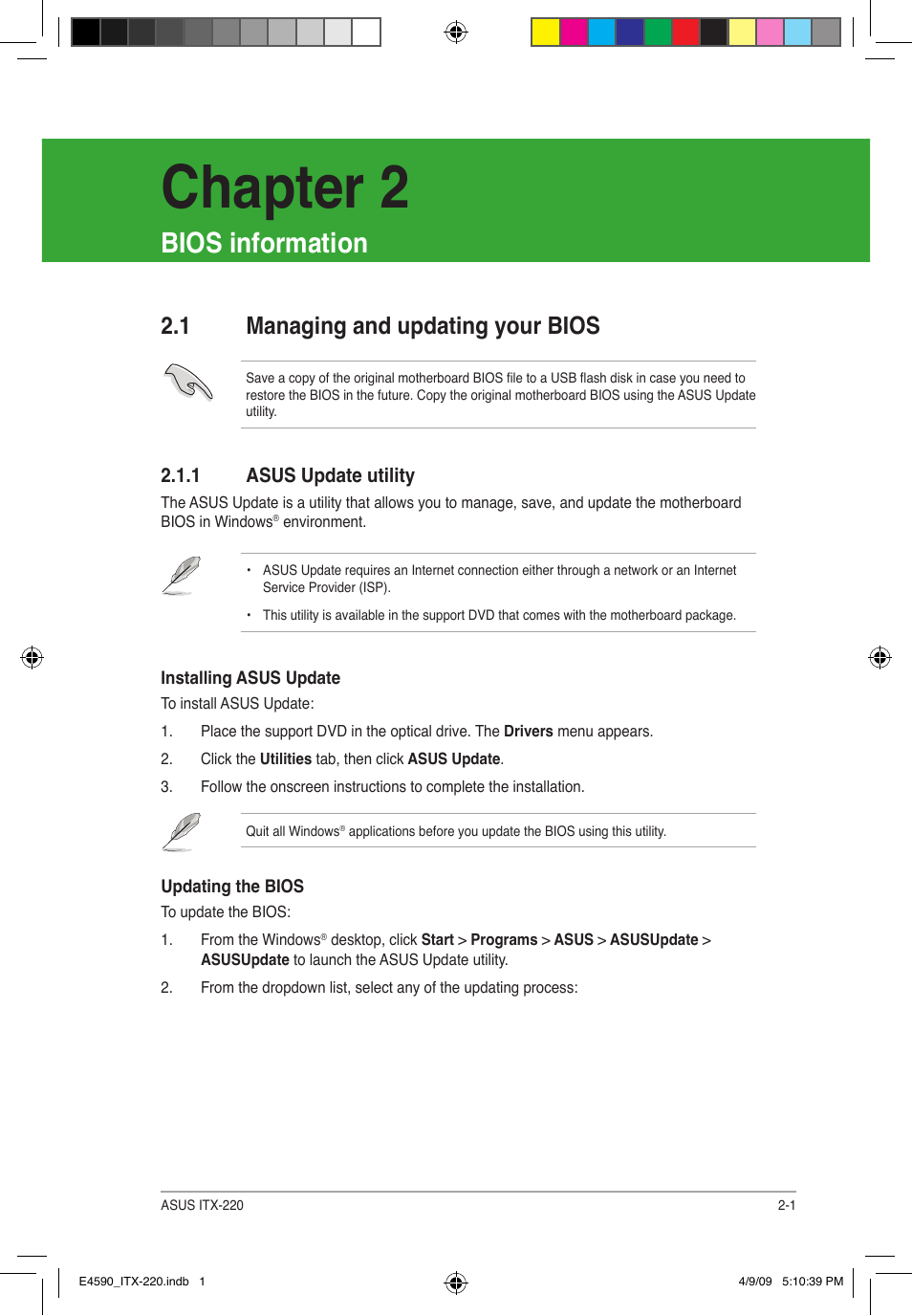 Chapter 2, Bios information, 1 managing and updating your bios | Asus ITX-220 User Manual | Page 24 / 39