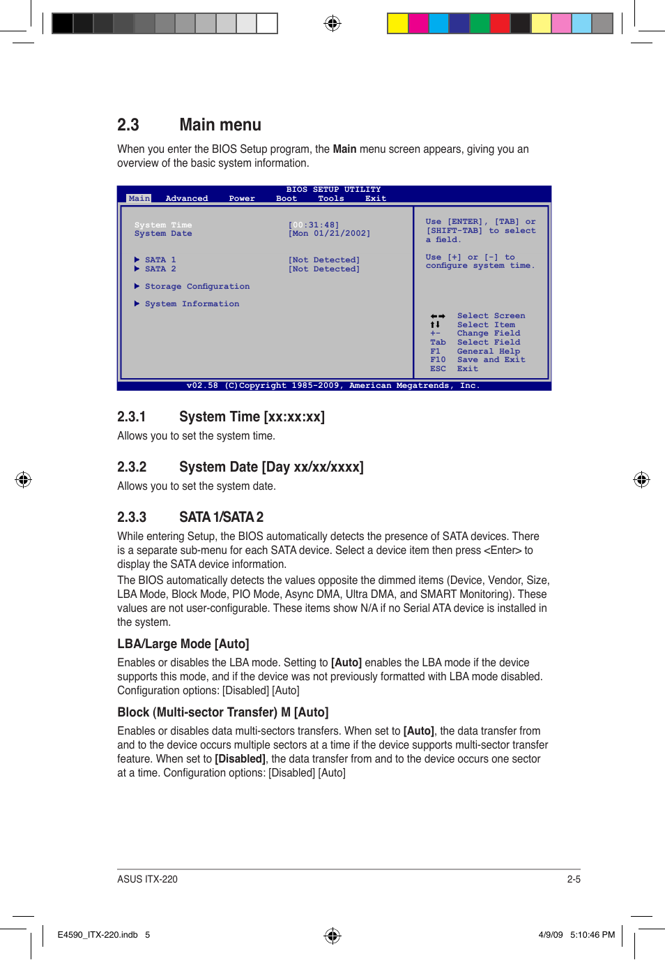 3 main menu, 1 system time [xx:xx:xx, 3 sata 1/sata 2 | Lba/large mode [auto, Block (multi-sector transfer) m [auto | Asus ITX-220 User Manual | Page 28 / 39