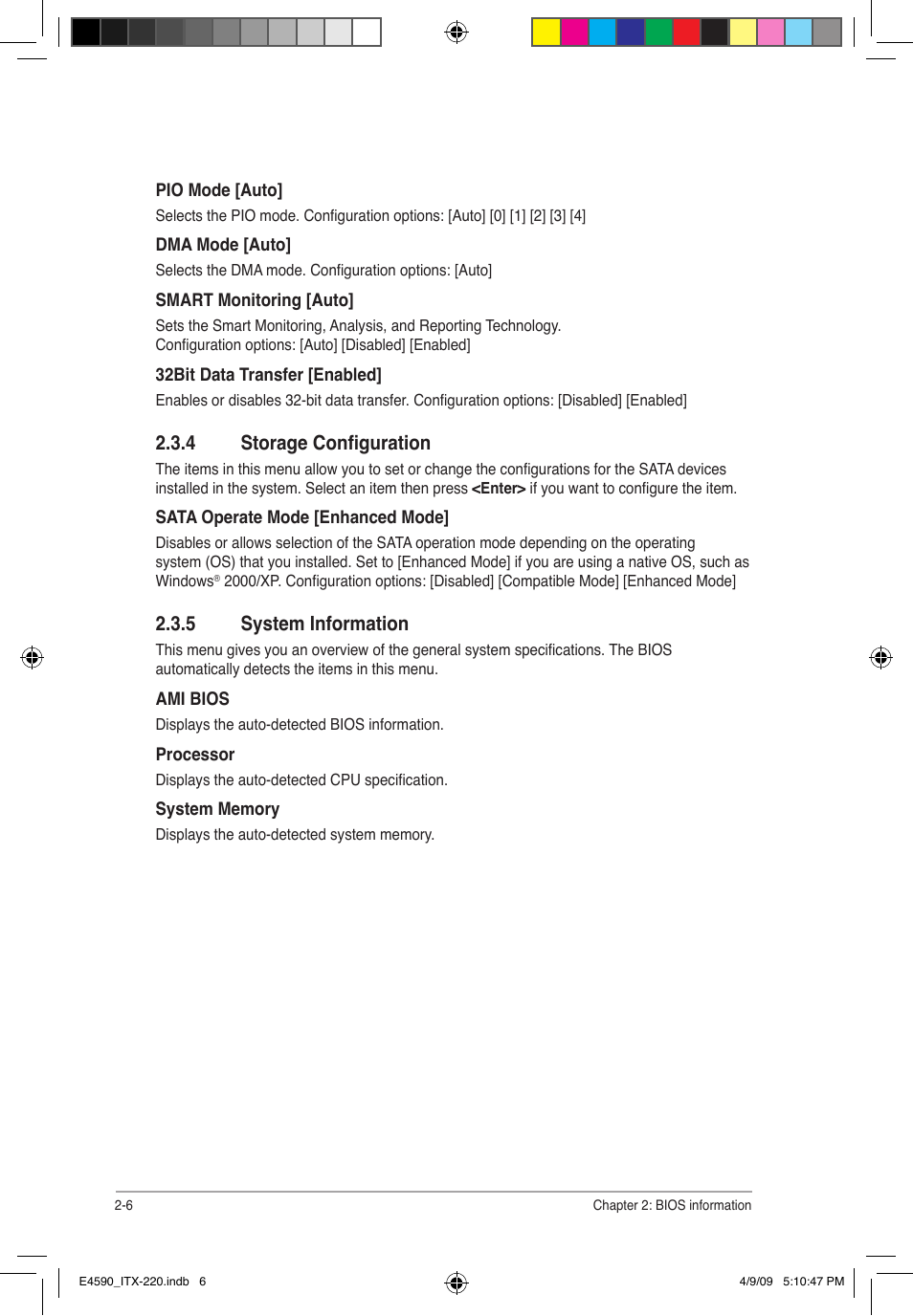 4 storage configuration, 5 system information | Asus ITX-220 User Manual | Page 29 / 39