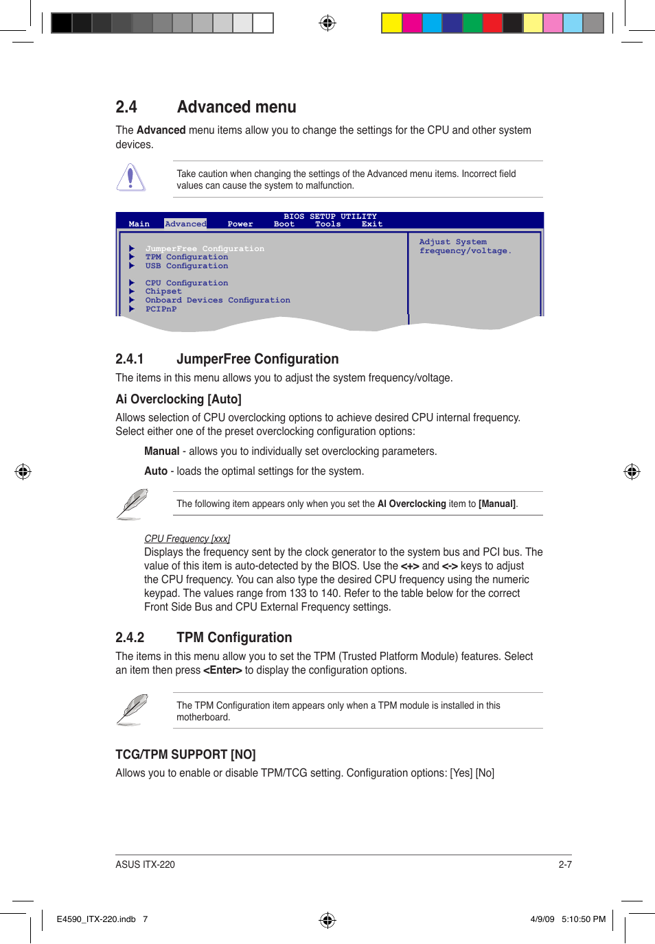 4 advanced menu, 1 jumperfree configuration, 2 tpm configuration | Asus ITX-220 User Manual | Page 30 / 39