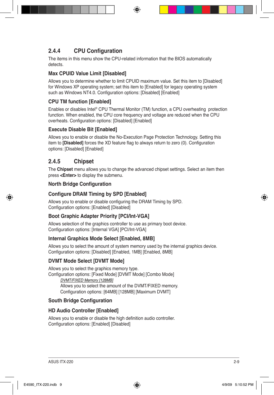 4 cpu configuration, 5 chipset | Asus ITX-220 User Manual | Page 32 / 39