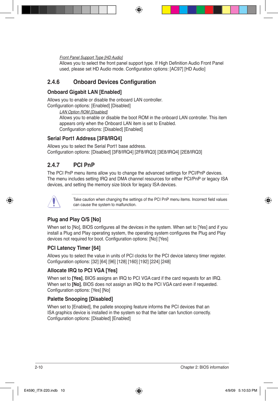 6 onboard devices configuration, 7 pci pnp | Asus ITX-220 User Manual | Page 33 / 39