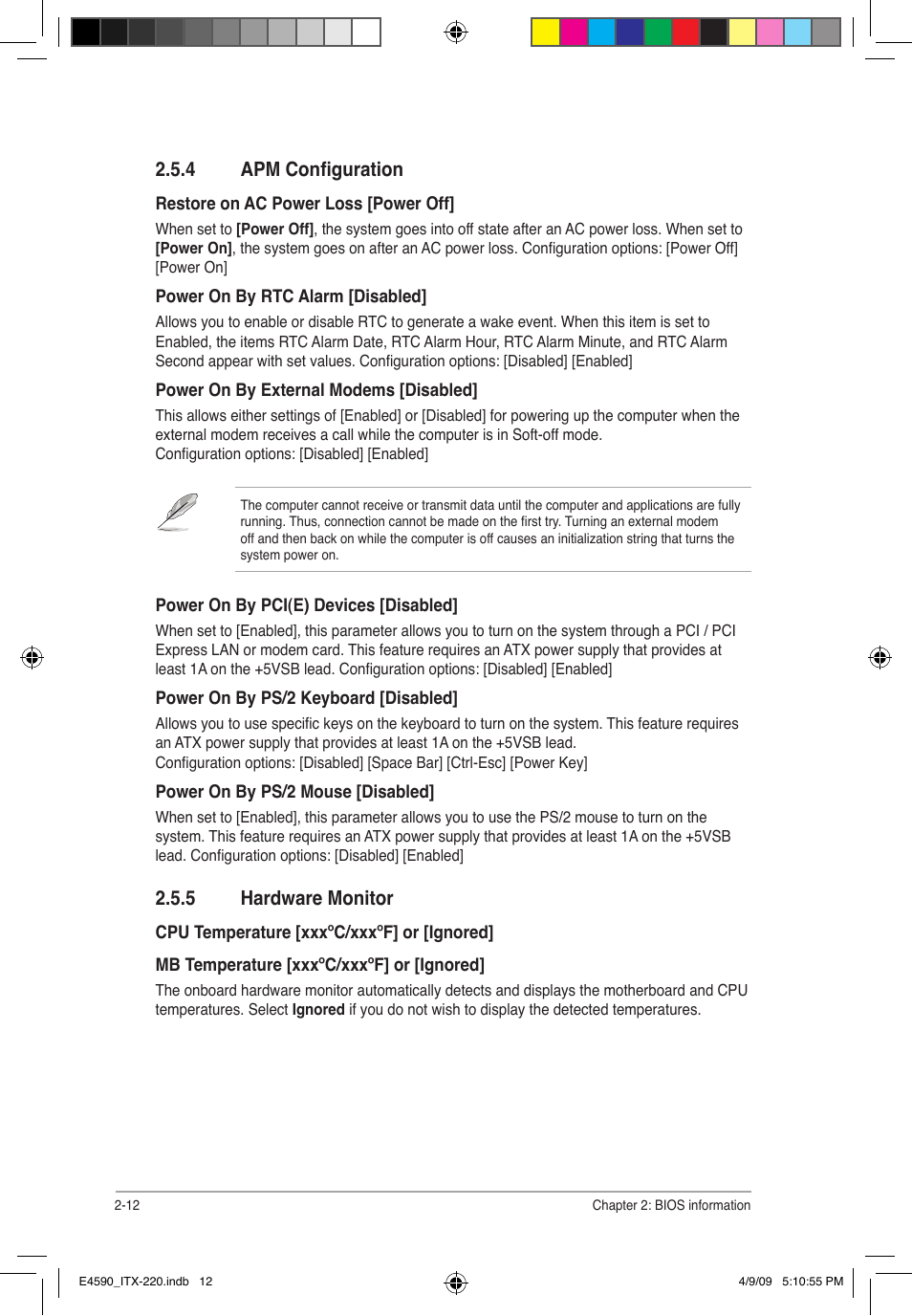 5 hardware monitor, 4 apm configuration | Asus ITX-220 User Manual | Page 35 / 39