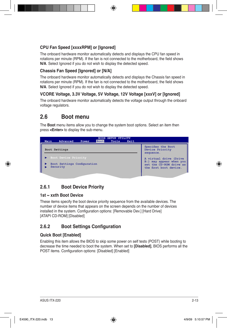 6 boot menu, 1 boot device priority, 2 boot settings configuration | Asus ITX-220 User Manual | Page 36 / 39