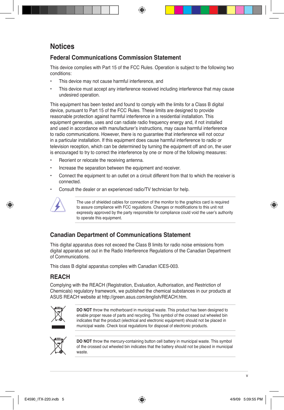 Notices, Federal communications commission statement, Canadian department of communications statement | Reach | Asus ITX-220 User Manual | Page 5 / 39