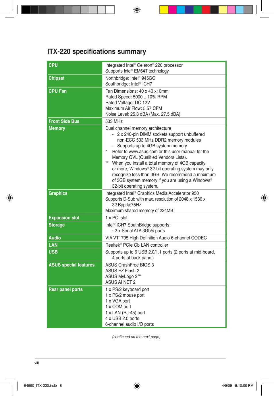 Itx-220 specifications summary | Asus ITX-220 User Manual | Page 8 / 39