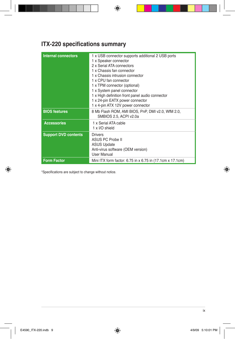 Itx-220 specifications summary | Asus ITX-220 User Manual | Page 9 / 39